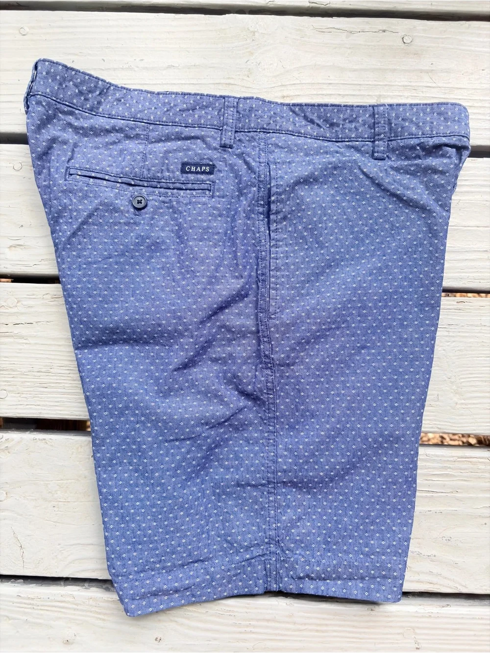 Chaps Flat-Front Chino Shorts 100% Cotton Monroe Blue White Dots Sz 34 Inseam 9”